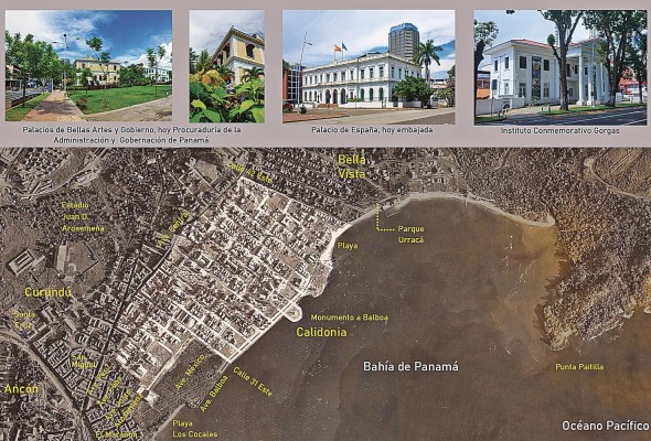 Fotografía aérea compuesta de Calidonia – La Exposición hasta Punta Paitilla, 1943. Se destaca el área desarrollada alrededor de la Exposición Nacional de Panamá, de 1916, y se indican puntos de referencia en amarillo. Fotografía aérea compuesta de Calidonia – La Exposición hasta Punta Paitilla, 1943. Se destaca el área desarrollada alrededor de la Exposición Nacional de Panamá, de 1916, y se indican puntos de referencia en amarillo.