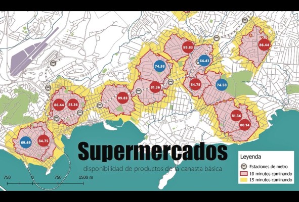 En la actualidad, los mapas permiten la representación de fenómenos que no son visibles, pero que condicionan nuestras interacciones diarias, y esto es un elemento fundamental para organizar el territorio. Aquí un mapa que muestra el área de influencia a 30 minutos de cada supermercado en el centro de la ciudad y la disponibilidad de productos de la canasta básica. En la actualidad, los mapas permiten la representación de fenómenos que no son visibles, pero que condicionan nuestras interacciones diarias, y esto es un elemento fundamental para organizar el territorio. Aquí un mapa que muestra el área de influencia a 30 minutos de cada supermercado en el centro de la ciudad y la disponibilidad de productos de la canasta básica.