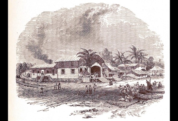 Muelles y galpones de la primera estación del ferrocarril en La Ciénaga, desde la bahía de Panamá. Muelles y galpones de la primera estación del ferrocarril en La Ciénaga, desde la bahía de Panamá.