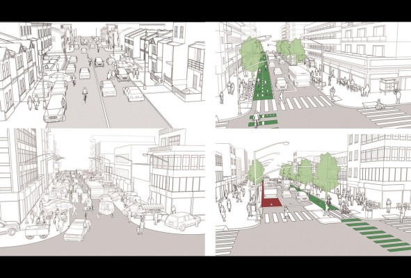 En la imagen izquierda la común situación de invasión del espacio público por automóviles, la indefinición de los sistemas. En la parte derecha la solución ideal que incorpora el transporte público, las bicicletas, arborización, etc. En la imagen izquierda la común situación de invasión del espacio público por automóviles, la indefinición de los sistemas. En la parte derecha la solución ideal que incorpora el transporte público, las bicicletas, arborización, etc.