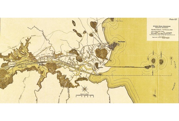 En este mapa se muestran los avances en la construcción del Canal y la transformación del paisaje. Visibles aquí el Lago Miraflores y las esclusas del mismo nombre y la construcción de la Calzada, uniendo el área de Balboa con la I. de Naos. Todavía no había sido rellenado el estuario del río Curundú u Hondo. En este mapa se muestran los avances en la construcción del Canal y la transformación del paisaje. Visibles aquí el Lago Miraflores y las esclusas del mismo nombre y la construcción de la Calzada, uniendo el área de Balboa con la I. de Naos. Todavía no había sido rellenado el estuario del río Curundú u Hondo.