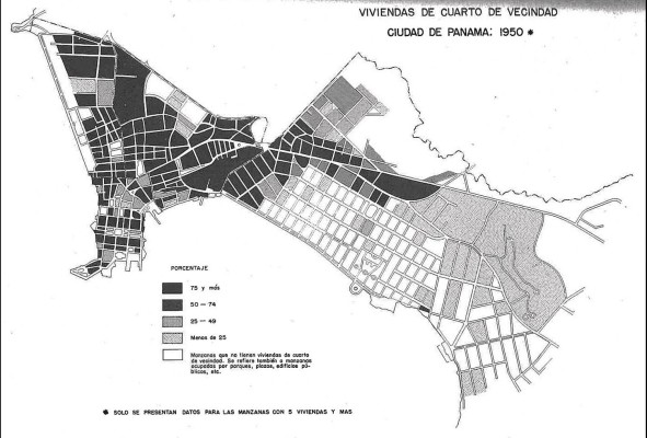 Viviendas de cuarto de vecindad 1950: refleja la concentración por manzanas de las viviendas de cuarto de vecindad en el Casco Antiguo de la ciudad de Panamá. Se observa con claridad que serían los barrios de San Felipe, Santa Ana, El Chorrillo, San Miguel y El Marañón los que concentrarían la mayor proporción. Viviendas de cuarto de vecindad 1950: refleja la concentración por manzanas de las viviendas de cuarto de vecindad en el Casco Antiguo de la ciudad de Panamá. Se observa con claridad que serían los barrios de San Felipe, Santa Ana, El Chorrillo, San Miguel y El Marañón los que concentrarían la mayor proporción.