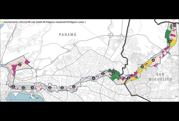 Plano que muestra el polígono de la línea 1 del Metro de Panamá de acuerdo con la Resolución 623-13 del 22 de octubre de 2013. Se pueden observar las áreas que están subutilizadas, ya sea porque corresponden a zonas industriales, lotes baldíos o asentamientos informales, donde se hace necesaria una intervención para mejorar su tejido urbano y calidad de vida. Plano que muestra el polígono de la línea 1 del Metro de Panamá de acuerdo con la Resolución 623-13 del 22 de octubre de 2013. Se pueden observar las áreas que están subutilizadas, ya sea porque corresponden a zonas industriales, lotes baldíos o asentamientos informales, donde se hace necesaria una intervención para mejorar su tejido urbano y calidad de vida.