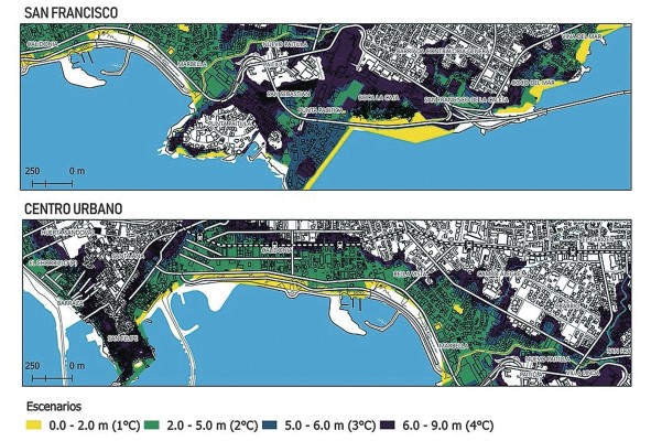 En el centro urbano de la ciudad de Panamá, los impactos por el aumento del nivel del mar se estarían viendo cuando lleguemos a una temperatura media global de 2 ºC. En el centro urbano de la ciudad de Panamá, los impactos por el aumento del nivel del mar se estarían viendo cuando lleguemos a una temperatura media global de 2 ºC.