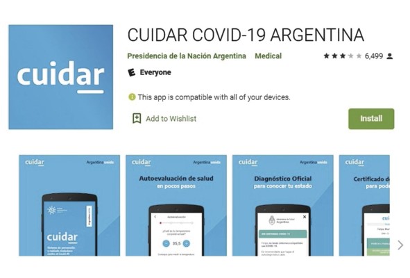 Cuidar Covid-19 Argentina, la 'app' oficial del Gobierno argentino con más de 1 millón de descargas y reseñas positivas de los usuarios. Cuidar Covid-19 Argentina, la 'app' oficial del Gobierno argentino con más de 1 millón de descargas y reseñas positivas de los usuarios.