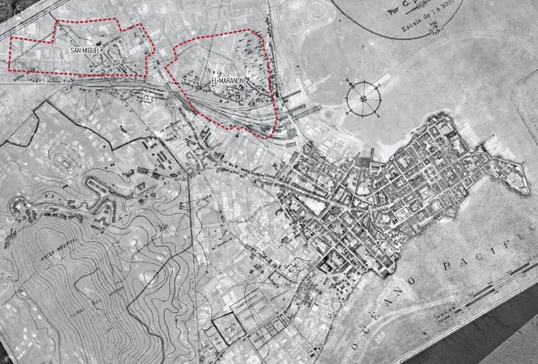 Plano de la ciudad de Panamá en 1904 (Bertoncini): muestra el área urbana de la ciudad de Panamá para 1904 sobre una fotografía aérea actual. En rojo, las áreas declaradas como de 'renovación urbana' por el Mivi en la década de 1970. Los antiguos barrios precarios al este de la línea del ferrocarril terminaron siendo las áreas de casas de inquilinato de la primera mitad del siglo XX y de proyectos de vivienda social a partir de 1970. Plano de la ciudad de Panamá en 1904 (Bertoncini): muestra el área urbana de la ciudad de Panamá para 1904 sobre una fotografía aérea actual. En rojo, las áreas declaradas como de 'renovación urbana' por el Mivi en la década de 1970. Los antiguos barrios precarios al este de la línea del ferrocarril terminaron siendo las áreas de casas de inquilinato de la primera mitad del siglo XX y de proyectos de vivienda social a partir de 1970.
