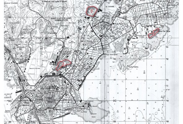 En este mapa de 1960 se distingue la ubicación de los asentamientos más próximos al centro urbano, Boca La Caja, en el borde costero del sector de San Francisco (1); Curundú, en el borde del río del mismo nombre, límite con la Zona del Canal (2); y Fruta Loma La Pava, asentamiento desaparecido y sobre el cual se construyó plaza Edison y las torres residenciales que se encuentran en este sector. En este mapa de 1960 se distingue la ubicación de los asentamientos más próximos al centro urbano, Boca La Caja, en el borde costero del sector de San Francisco (1); Curundú, en el borde del río del mismo nombre, límite con la Zona del Canal (2); y Fruta Loma La Pava, asentamiento desaparecido y sobre el cual se construyó plaza Edison y las torres residenciales que se encuentran en este sector.