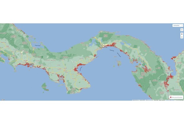 Mapa en el que se identifican con puntos rojos las zonas costeras vulnerables a inundación por la elevación del mar Mapa en el que se identifican con puntos rojos las zonas costeras vulnerables a inundación por la elevación del mar