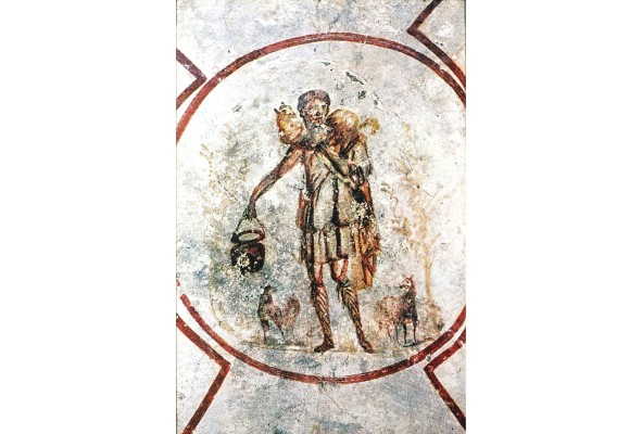 Fresco del buen pastor, encontrado en unas catacumbas que eran usadas hasta el 313 d.C. Pertenece a la pintura del arte paleocristiano. Fresco del buen pastor, encontrado en unas catacumbas que eran usadas hasta el 313 d.C. Pertenece a la pintura del arte paleocristiano.