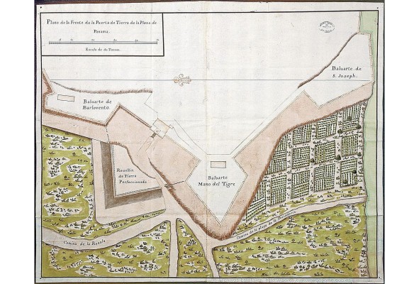 Plano de la Frente de la Puerta de Tierra de la Plaza de Panamá. Archivo de Indias. Este plano muestra la puerta defensiva de la ciudad y los componentes de la Explanada con el camino de la Raula (o camino del arrabal) y el camino de la playa de la pescadería. Plano de la Frente de la Puerta de Tierra de la Plaza de Panamá. Archivo de Indias. Este plano muestra la puerta defensiva de la ciudad y los componentes de la Explanada con el camino de la Raula (o camino del arrabal) y el camino de la playa de la pescadería.