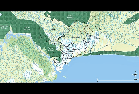 Cuencas del área metropolitana este, elaborado por el autor con datos geoespaciales de MiAmbiente y Stamen Design. 2020 Cuencas del área metropolitana este, elaborado por el autor con datos geoespaciales de MiAmbiente y Stamen Design. 2020