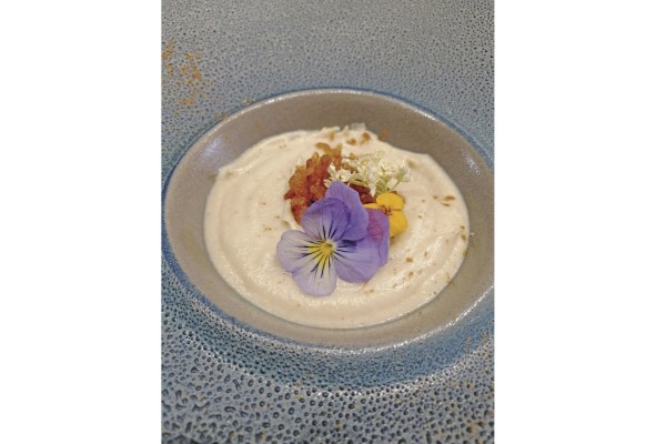 Crema de pepitas de marañón con hilos de papa y miel Crema de pepitas de marañón con hilos de papa y miel