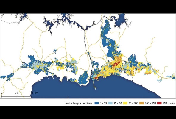 El área metropolitana de Panamá tiene una densidad global de 55 habitantes por hectárea, siendo los barrios de Santa Ana, El Chorrillo y algunos sitios dentro del distrito de San Miguelito los más densamente ocupados, con unos 150 habitantes por hectárea. El área metropolitana de Panamá tiene una densidad global de 55 habitantes por hectárea, siendo los barrios de Santa Ana, El Chorrillo y algunos sitios dentro del distrito de San Miguelito los más densamente ocupados, con unos 150 habitantes por hectárea.