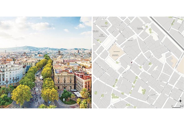 Fotografía del Barri Gotic y la Rambla, Barcelona. Derecha: Diagrama del tejido urbano de París con información geoespacial de ESRI, 2020. Fotografía del Barri Gotic y la Rambla, Barcelona. Derecha: Diagrama del tejido urbano de París con información geoespacial de ESRI, 2020.