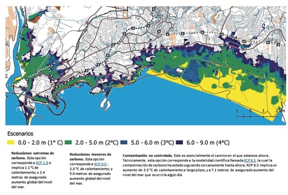 Mapa de áreas inundables por aumento del nivel del mar en la ciudad de Panamá: este mapa muestra las zonas que se verían afectadas por un incremento de la temperatura media global de 1 ºC (amarillo), 2 ºC (verde), 3 ºC (celeste) y 4 ºC (azul oscuro). Mapa de áreas inundables por aumento del nivel del mar en la ciudad de Panamá: este mapa muestra las zonas que se verían afectadas por un incremento de la temperatura media global de 1 ºC (amarillo), 2 ºC (verde), 3 ºC (celeste) y 4 ºC (azul oscuro).
