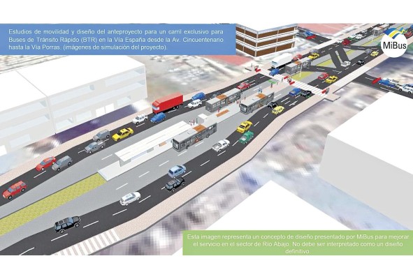 Imagen de como quedará la vía España con los carriles exclusivos en Río Abajo. Imagen de como quedará la vía España con los carriles exclusivos en Río Abajo.