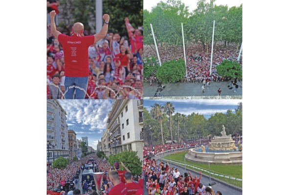 La afición sevillana se volcó a las calles para celebrar y reconocer el heptacampeonato de la Europa League alcanzado por el club. La afición sevillana se volcó a las calles para celebrar y reconocer el heptacampeonato de la Europa League alcanzado por el club.