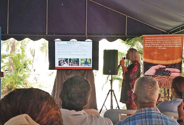 La gerente del proyecto Soluciones Basadas en Bambú-Arauclima Regional y parte de Inbar, Romina Ávila Irurralde, durante el lanzamiento del proyecto en Panamá. La gerente del proyecto Soluciones Basadas en Bambú-Arauclima Regional y parte de Inbar, Romina Ávila Irurralde, durante el lanzamiento del proyecto en Panamá.