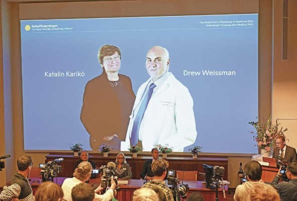 Katalin Karikó y Drew Weissmann son catedráticos de la Universidad de Pensilvania, Estados Unidos, y descubrieron cómo modificar las moléculas de ARN. El anuncio del Nobel de Medicina se realizó ayer en conferencia de prensa. Katalin Karikó y Drew Weissmann son catedráticos de la Universidad de Pensilvania, Estados Unidos, y descubrieron cómo modificar las moléculas de ARN. El anuncio del Nobel de Medicina se realizó ayer en conferencia de prensa.
