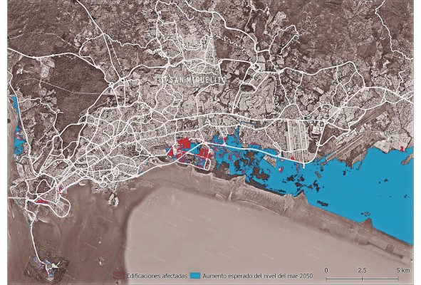 Este mapa muestras las áreas de probable inundación debido al posible aumento del nivel del mar, de acuerdo con los datos recientemente publicados por MIAmbiente. Para este mapeo se utilizó el peor de los escenarios, según el cual la humanidad no hace nada para detener las emisiones de gases de efecto invernadero. Este mapa muestras las áreas de probable inundación debido al posible aumento del nivel del mar, de acuerdo con los datos recientemente publicados por MIAmbiente. Para este mapeo se utilizó el peor de los escenarios, según el cual la humanidad no hace nada para detener las emisiones de gases de efecto invernadero.