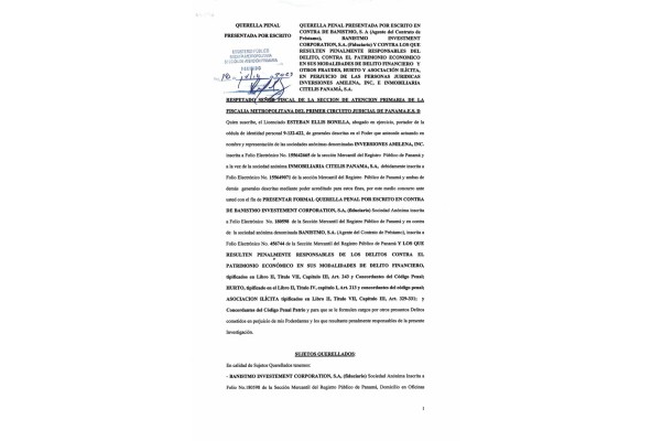 Vista de la querella penal presentada contra Banistmo Investment Corporation (fiduciario) y Banistmo, S.A. Vista de la querella penal presentada contra Banistmo Investment Corporation (fiduciario) y Banistmo, S.A.