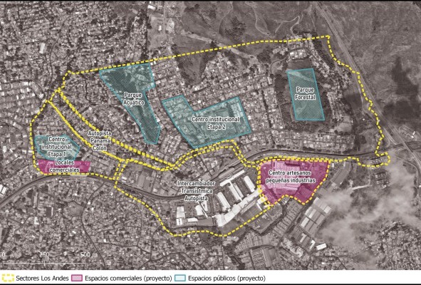 En este plano se observan las secciones en que fue dividido el proyecto de urbanización Los Andes. En líneas amarillas, los grandes globos de terreno, en color magenta las áreas comerciales y en verde los espacios públicos. En este plano se observan las secciones en que fue dividido el proyecto de urbanización Los Andes. En líneas amarillas, los grandes globos de terreno, en color magenta las áreas comerciales y en verde los espacios públicos.