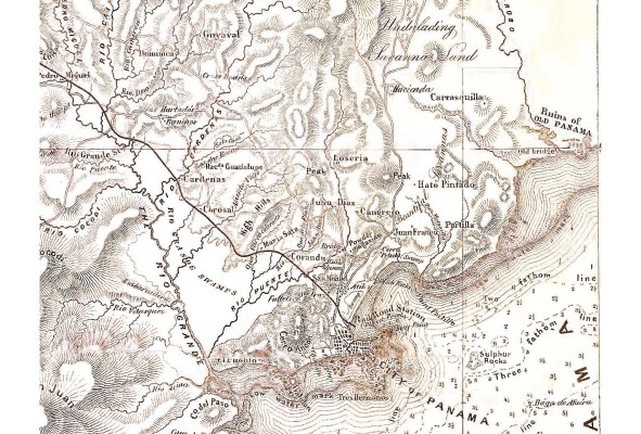 Recuadro del mapa del istmo de Panamá representando la línea del ferrocarril por Thomas Harrison, 1857. Recuadro del mapa del istmo de Panamá representando la línea del ferrocarril por Thomas Harrison, 1857.