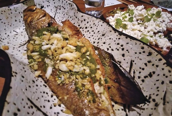 Corvina al horno con chimichurri de moringa Corvina al horno con chimichurri de moringa