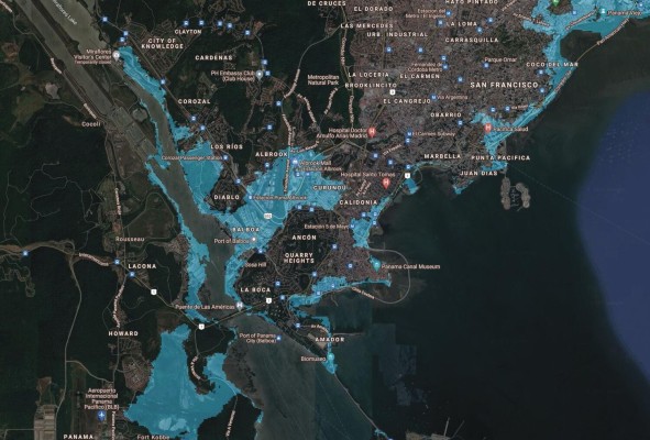 Se puede observar con claridad cómo el área de desaparecidos humedales del Río Curundú es una de las zonas afectadas, al igual que las antiguas tierras pantanosas del barrio de El Marañón. Zonas como los rellenos de Barraza y El Terraplén, surgidos hace cien años, con la construcción del Canal, también aparecen bajo amenaza. Se puede observar con claridad cómo el área de desaparecidos humedales del Río Curundú es una de las zonas afectadas, al igual que las antiguas tierras pantanosas del barrio de El Marañón. Zonas como los rellenos de Barraza y El Terraplén, surgidos hace cien años, con la construcción del Canal, también aparecen bajo amenaza.