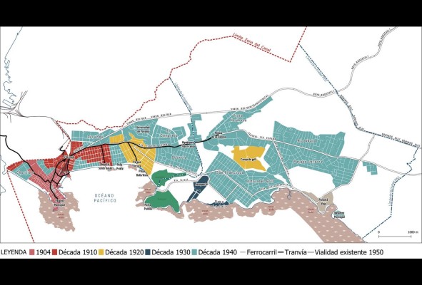 Mapa de la huella urbana de la ciudad de Panamá para 1950. Refleja el crecimiento que se había dado en áreas como Río Abajo, Parque Lefevre y Vista Hermosa, zonas hacia las que se había mudado parte de la población afroantillana que laboró en la construcción del Canal. Entre los censos de 1940 y 1950 la mayoría de estos barrios sufrió un incremento poblacional del 100% o más. Mapa de la huella urbana de la ciudad de Panamá para 1950. Refleja el crecimiento que se había dado en áreas como Río Abajo, Parque Lefevre y Vista Hermosa, zonas hacia las que se había mudado parte de la población afroantillana que laboró en la construcción del Canal. Entre los censos de 1940 y 1950 la mayoría de estos barrios sufrió un incremento poblacional del 100% o más.