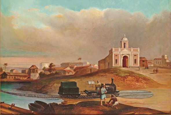 H.W. Arthur Nahl: Aspinwall California Railway, 1852. El ferrocarril de Panamá fue construido a través del istmo de Panamá por William Henry Aspinwall. La ciudad de Aspinwall se estableció en 1852 y sirvió como su terminal Atlántica del ferrocarril transístmico. El ferrocarril llevó a muchos mineros y aventureros –incluyendo a Nahl, de origen alemán– a California durante la fiebre del oro y fue la ruta de envío más rápida entre Nueva York y San Francisco antes de que se completara el ferrocarril transcontinental de EE.UU. en 1869. H.W. Arthur Nahl: Aspinwall California Railway, 1852. El ferrocarril de Panamá fue construido a través del istmo de Panamá por William Henry Aspinwall. La ciudad de Aspinwall se estableció en 1852 y sirvió como su terminal Atlántica del ferrocarril transístmico. El ferrocarril llevó a muchos mineros y aventureros –incluyendo a Nahl, de origen alemán– a California durante la fiebre del oro y fue la ruta de envío más rápida entre Nueva York y San Francisco antes de que se completara el ferrocarril transcontinental de EE.UU. en 1869.