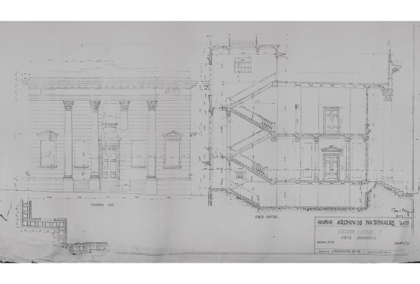 Plano original del edificio diseñado por Leonardo Villanueva que corresponde a la fachada lateral y corte transversal, 1923. Plano original del edificio diseñado por Leonardo Villanueva que corresponde a la fachada lateral y corte transversal, 1923.