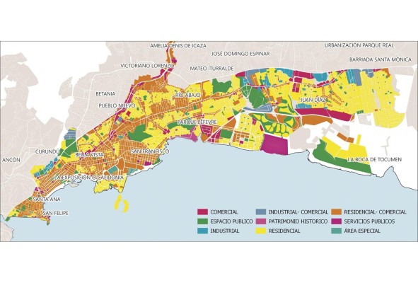 Mapa que muestra la zonificación para el centro urbano de la ciudad de Panamá en la actualidad. Es posible identificar cómo sectores del Casco Antiguo, Calidonia, Bella Vista y San Francisco corresponden a zonas de uso principalmente residencial-comercial. Los usos residenciales se encuentran en las zonas más alejadas en Don Bosco y Juan Díaz, correspondiendo con barrios de construcción más reciente. Mapa que muestra la zonificación para el centro urbano de la ciudad de Panamá en la actualidad. Es posible identificar cómo sectores del Casco Antiguo, Calidonia, Bella Vista y San Francisco corresponden a zonas de uso principalmente residencial-comercial. Los usos residenciales se encuentran en las zonas más alejadas en Don Bosco y Juan Díaz, correspondiendo con barrios de construcción más reciente.