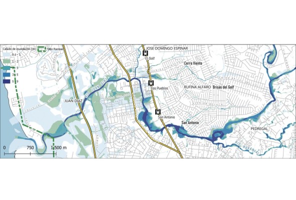 Mapa de inundación: Este mapa muestra el calado o profundidad de la máxima inundación posible en un período de 100 años. Muestra el sector donde el río Juan Díaz intersecta las avenidas Domingo Díaz y José Agustín Arango. Esta zona es un área de inundaciones recurrentes, especialmente en áreas como el centro comercial Los Pueblos. Mapa de inundación: Este mapa muestra el calado o profundidad de la máxima inundación posible en un período de 100 años. Muestra el sector donde el río Juan Díaz intersecta las avenidas Domingo Díaz y José Agustín Arango. Esta zona es un área de inundaciones recurrentes, especialmente en áreas como el centro comercial Los Pueblos.