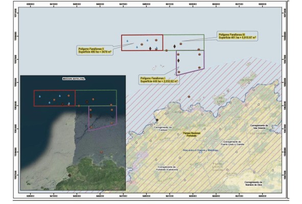 Polígonos solicitados por la empresa Grupo Los Farallones de donde pretende extraer la arena submarina Polígonos solicitados por la empresa Grupo Los Farallones de donde pretende extraer la arena submarina