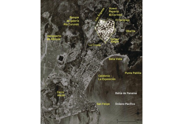 Fotografía aérea de ciudad de Panamá en 1950: se indican referencias de ubicación y el nombre actual de algunos vecindarios alrededor de El Cangrejo. Se observa el viejo hipódromo Juan Franco, que hoy es Obarrio. La avenida Ricardo J. Alfaro no se extiende mucho más allá del actual puente del cruce con avenida Transístmica. Fotografía aérea de ciudad de Panamá en 1950: se indican referencias de ubicación y el nombre actual de algunos vecindarios alrededor de El Cangrejo. Se observa el viejo hipódromo Juan Franco, que hoy es Obarrio. La avenida Ricardo J. Alfaro no se extiende mucho más allá del actual puente del cruce con avenida Transístmica.