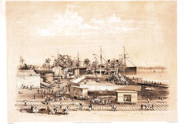 Charles Parsons & Fessenden N. Otis: Vista de las instalaciones de la U.S. Mail Steamship Company, Aspinwall, Nueva Granada. 1854. Vagones de correo de ferrocarril en primer plano con mucha actividad, barcos de vapor de correo en segundo plano a lo largo de los muelles; muchos de los buzones de correo tienen etiquetas que incluyen “Wells Fargo”, “Adams & Cos. Express” y “Runnels Express”, y los vagones de correo están etiquetados como “A.M. Hinkley's Passenger and Baggage Express” y “Specie U.S. Mails”. Charles Parsons & Fessenden N. Otis: Vista de las instalaciones de la U.S. Mail Steamship Company, Aspinwall, Nueva Granada. 1854. Vagones de correo de ferrocarril en primer plano con mucha actividad, barcos de vapor de correo en segundo plano a lo largo de los muelles; muchos de los buzones de correo tienen etiquetas que incluyen “Wells Fargo”, “Adams & Cos. Express” y “Runnels Express”, y los vagones de correo están etiquetados como “A.M. Hinkley's Passenger and Baggage Express” y “Specie U.S. Mails”.