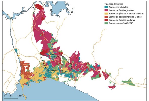 Las tipologías de barrios presentadas en este mapa reflejan las distintas proporciones de grupos de edad en cada barrio: niños, adolescentes, jóvenes, edad madura y adultos mayores. Estas agrupaciones facilitan la identificación del estadío en que se encuentra cada barrio dentro del ciclo de transformaciones que ocurren en la ciudad. Las tipologías de barrios presentadas en este mapa reflejan las distintas proporciones de grupos de edad en cada barrio: niños, adolescentes, jóvenes, edad madura y adultos mayores. Estas agrupaciones facilitan la identificación del estadío en que se encuentra cada barrio dentro del ciclo de transformaciones que ocurren en la ciudad.