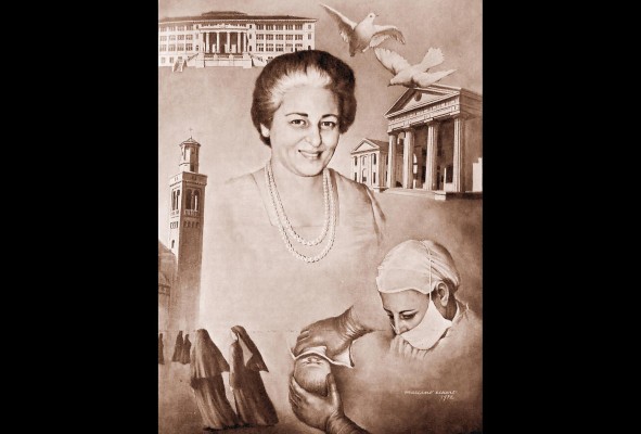 Retrato al óleo por Mariano Eckert. fotografía de Henry B. Beville, National Gallery of art, Washington DC. La composición incluye imágenes en la vida de la doctora Sogandares: el campanile del Colegio Santa Teresa, donde cursó premedicina; la fachada de la Escuela de Medicina de la Universidad de Arkansas y el pabellón principal del Hospital Santo Tomás. Tomado del artículo Tierra y Dos Mares: Lidia Sogandares (1908-1971) Retrato al óleo por Mariano Eckert. fotografía de Henry B. Beville, National Gallery of art, Washington DC. La composición incluye imágenes en la vida de la doctora Sogandares: el campanile del Colegio Santa Teresa, donde cursó premedicina; la fachada de la Escuela de Medicina de la Universidad de Arkansas y el pabellón principal del Hospital Santo Tomás. Tomado del artículo Tierra y Dos Mares: Lidia Sogandares (1908-1971)