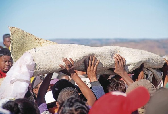 En Madagascar desentierran los restos de sus seres queridos, los envuelven en sudarios y los llevan en desfiles, con música y bailes. En Madagascar desentierran los restos de sus seres queridos, los envuelven en sudarios y los llevan en desfiles, con música y bailes.