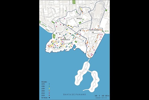 Cada punto en este mapa refleja la ubicación de un rascacielos en los sectores de Punta Paitilla, Paitilla y Punta Pacífica. Se puede observar como en Punta Paitilla los edificios han ido ocupando el espacio desde la década de 1970, mientras que Punta Pacífica es un sector que recién se empezó a urbanizar con el inicio del siglo XXI. Cada punto en este mapa refleja la ubicación de un rascacielos en los sectores de Punta Paitilla, Paitilla y Punta Pacífica. Se puede observar como en Punta Paitilla los edificios han ido ocupando el espacio desde la década de 1970, mientras que Punta Pacífica es un sector que recién se empezó a urbanizar con el inicio del siglo XXI.