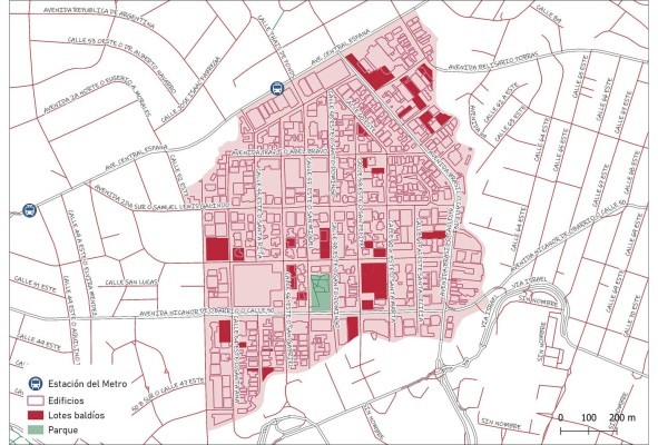 En este plano se pueden observar los lotes baldíos existentes en Obarrio, concentrados principalmente hacia la Avenida 3a Sur y al noreste de la Vía Brasil. Los lotes baldíos corresponden al 9% de las 72 hectáreas que comprenden la propiedad urbana de este barrio. En este plano se pueden observar los lotes baldíos existentes en Obarrio, concentrados principalmente hacia la Avenida 3a Sur y al noreste de la Vía Brasil. Los lotes baldíos corresponden al 9% de las 72 hectáreas que comprenden la propiedad urbana de este barrio.