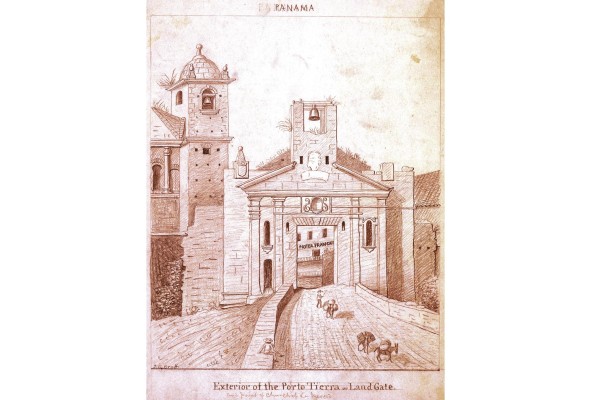 Dibujo desde el exterior de la Puerta de Tierra de la ciudad de Panamá por el artista Joseph Goldsborough Bruff, 1851. Dibujo a lápiz, 26 cm x 21 cm. Dibujo desde el exterior de la Puerta de Tierra de la ciudad de Panamá por el artista Joseph Goldsborough Bruff, 1851. Dibujo a lápiz, 26 cm x 21 cm.