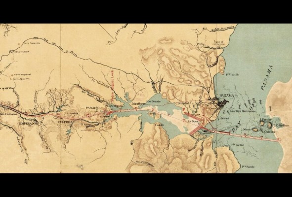Plano que muestra la sección sur de la ruta del Canal de Panamá antes de su construcción en 1900. Plano que muestra la sección sur de la ruta del Canal de Panamá antes de su construcción en 1900.