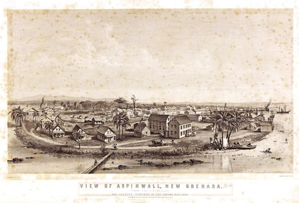Charles Parsons & Fessenden N. Otis: Vista de Aspinwall, Nueva Granada desde el faro. 1855. Litografía, Endicott & Co. (Nueva York, N.Y.), impresor. Huntington Library, Los Ángeles, EE.UU. Charles Parsons & Fessenden N. Otis: Vista de Aspinwall, Nueva Granada desde el faro. 1855. Litografía, Endicott & Co. (Nueva York, N.Y.), impresor. Huntington Library, Los Ángeles, EE.UU.