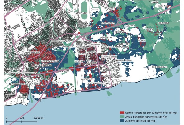 Este mapa muestra la sobreposición de la proyección de aumento del mar ante eventos extremos en 2050, con la mancha de las inundaciones por crecidas de ríos en eventos extremos que ocurren usualmente una vez cada cien años. Como se puede apreciar, hay sectores de la ciudad donde el impacto de ambas amenazas coincide. Con el tiempo, y en la medida en que las temperaturas del planeta aumenten, habrá cada vez más eventos en los que ambas amenazas coincidan en tiempo y lugar. Este mapa muestra la sobreposición de la proyección de aumento del mar ante eventos extremos en 2050, con la mancha de las inundaciones por crecidas de ríos en eventos extremos que ocurren usualmente una vez cada cien años. Como se puede apreciar, hay sectores de la ciudad donde el impacto de ambas amenazas coincide. Con el tiempo, y en la medida en que las temperaturas del planeta aumenten, habrá cada vez más eventos en los que ambas amenazas coincidan en tiempo y lugar.