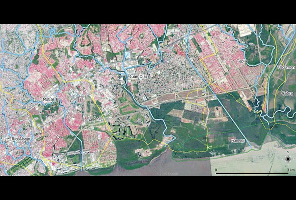 Imagen comparativa del Humedal Bahía de Panamá 1965, fotografía aérea del Instituto Geográfico Nacional 'Tommy' Guardia, con fotografía satelital de Google Earth en 2020 y límites de cuencas. Imagen comparativa del Humedal Bahía de Panamá 1965, fotografía aérea del Instituto Geográfico Nacional 'Tommy' Guardia, con fotografía satelital de Google Earth en 2020 y límites de cuencas.