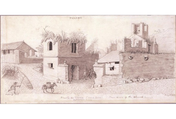 Dibujo desde el interior de la Puerta de Tierra desde la puerta de la iglesia de La Merced en ciudad de Panamá, 1851, por el artista Joseph Goldsborough Bruff. Dibujo a lápiz, 20 cm x 40 cm. Dibujo desde el interior de la Puerta de Tierra desde la puerta de la iglesia de La Merced en ciudad de Panamá, 1851, por el artista Joseph Goldsborough Bruff. Dibujo a lápiz, 20 cm x 40 cm.