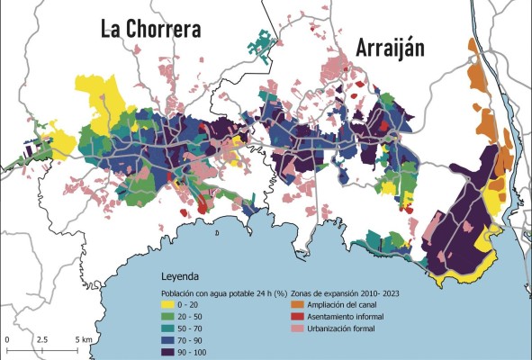 En este mapa de barrios con acceso a agua 24 horas y de áreas de expansión se puede visualizar, cómo los barrios del centro urbano de La Chorrera y Arraiján tienen acceso al agua 24 horas en el 90% de las viviendas, mientras que a medida que los barrios en la periferia, reportan que solo entre el 20 al 60% de las viviendas tienen acceso al agua 24 horas. El mapa también detalla en rosado (barrios formales) y rojo (asentamientos informales), las áreas de expansión urbana entre 2011 al presente En este mapa de barrios con acceso a agua 24 horas y de áreas de expansión se puede visualizar, cómo los barrios del centro urbano de La Chorrera y Arraiján tienen acceso al agua 24 horas en el 90% de las viviendas, mientras que a medida que los barrios en la periferia, reportan que solo entre el 20 al 60% de las viviendas tienen acceso al agua 24 horas. El mapa también detalla en rosado (barrios formales) y rojo (asentamientos informales), las áreas de expansión urbana entre 2011 al presente
