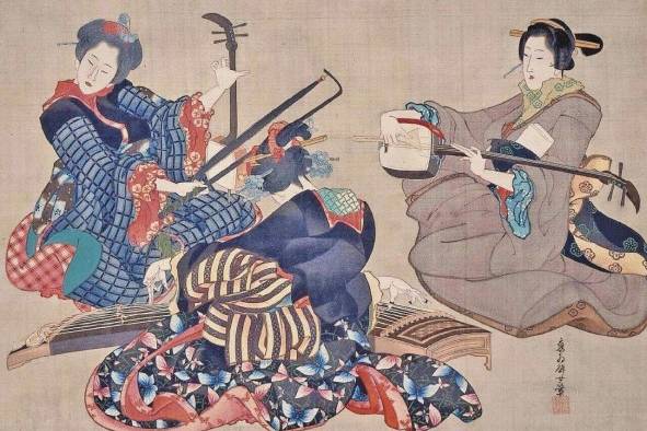Mujeres tocando shamisen, grabado de Katsushika Hokusai. Mujeres tocando shamisen, grabado de Katsushika Hokusai.